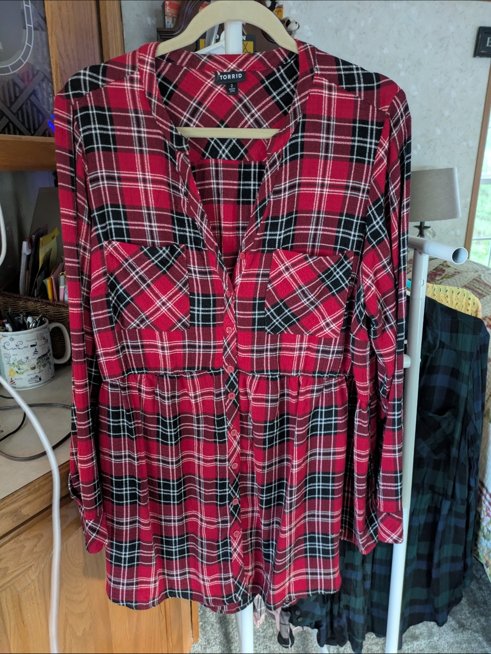 torrid Red Black Plaid Button-Front Peplum Blouse